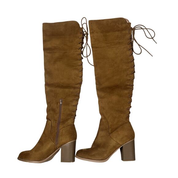 Versona Chestnut Brown Knee High Lace Up Boots - Picture 1 of 8